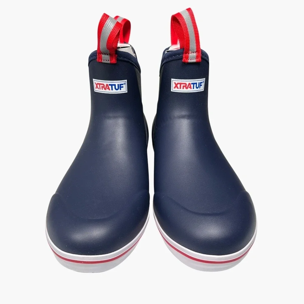 Xtratuf Ankle Deck Boots Mens 9 Navy Blue Red White Waterproof Rubber Slip On